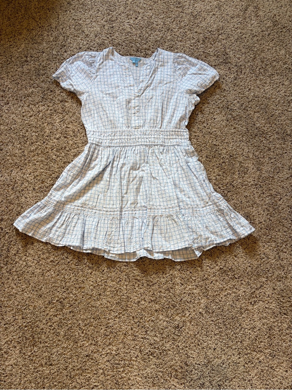 Draper James White and Light Blue Plaid Smocked-Waist Dress